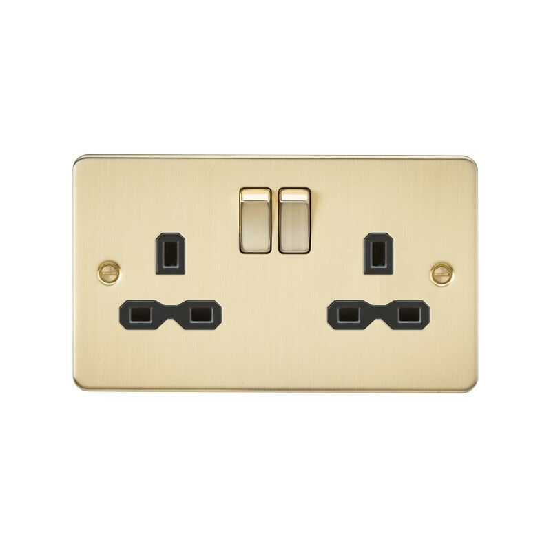 Knightsbridge Flat plate 13A 2G DP switched socket - brushed brass with black insert