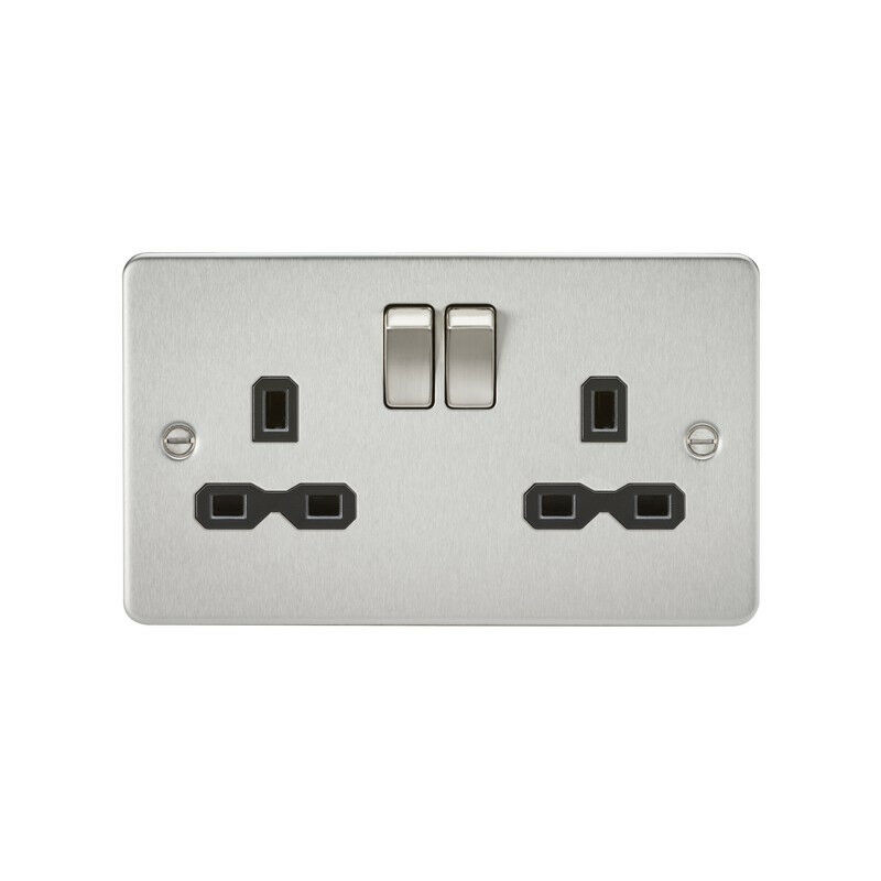 Knightsbridge Flat plate 13A 2G DP switched socket - brushed chrome with black insert