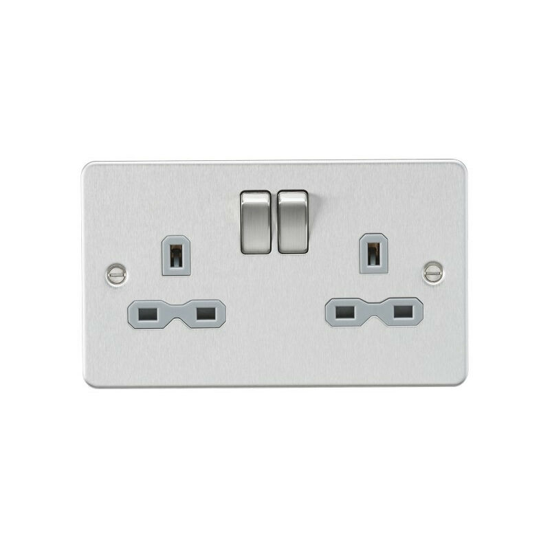 Knightsbridge Flat plate 13A 2G DP switched socket - brushed chrome with grey insert