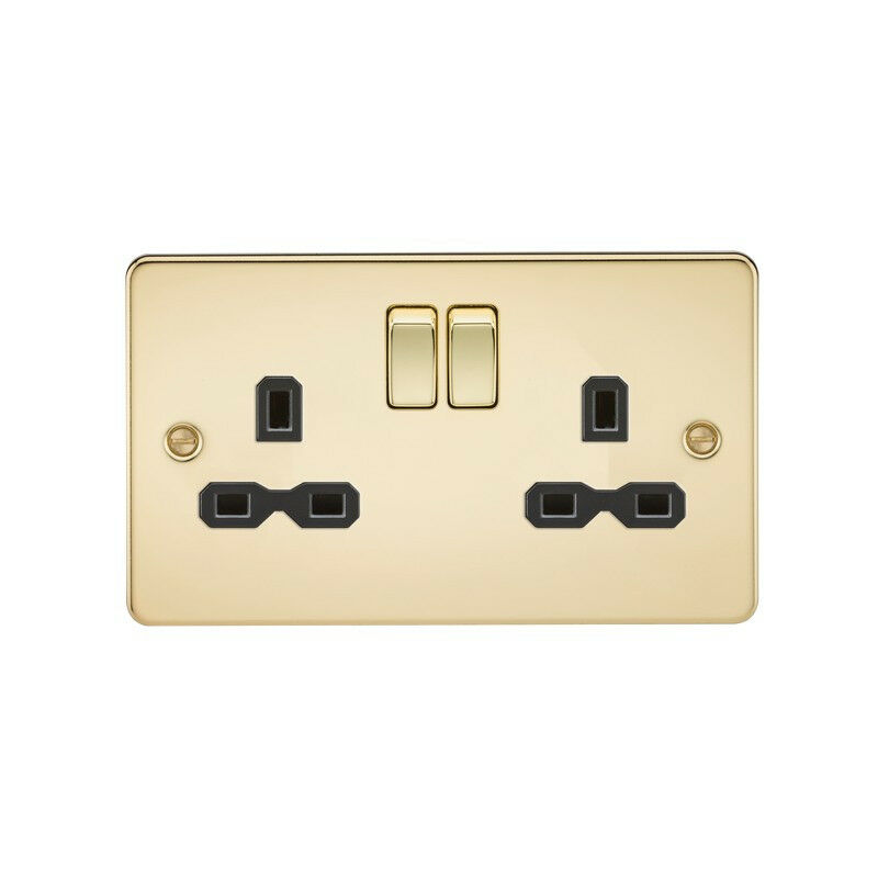 Knightsbridge Flat plate 13A 2G DP switched socket - polished brass with black insert