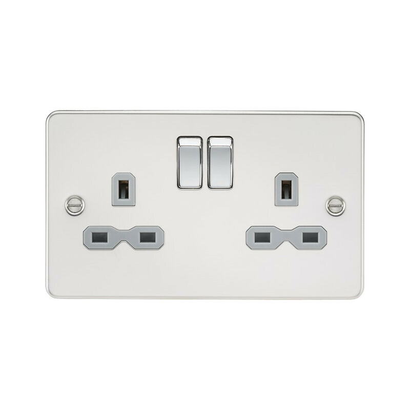 Knightsbridge Flat plate 13A 2G DP switched socket - polished chrome with grey insert