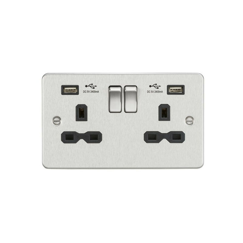 Knightsbridge Flat plate 13A 2G switched socket with dual USB charger (2.4A) - brushed chrome with black insert