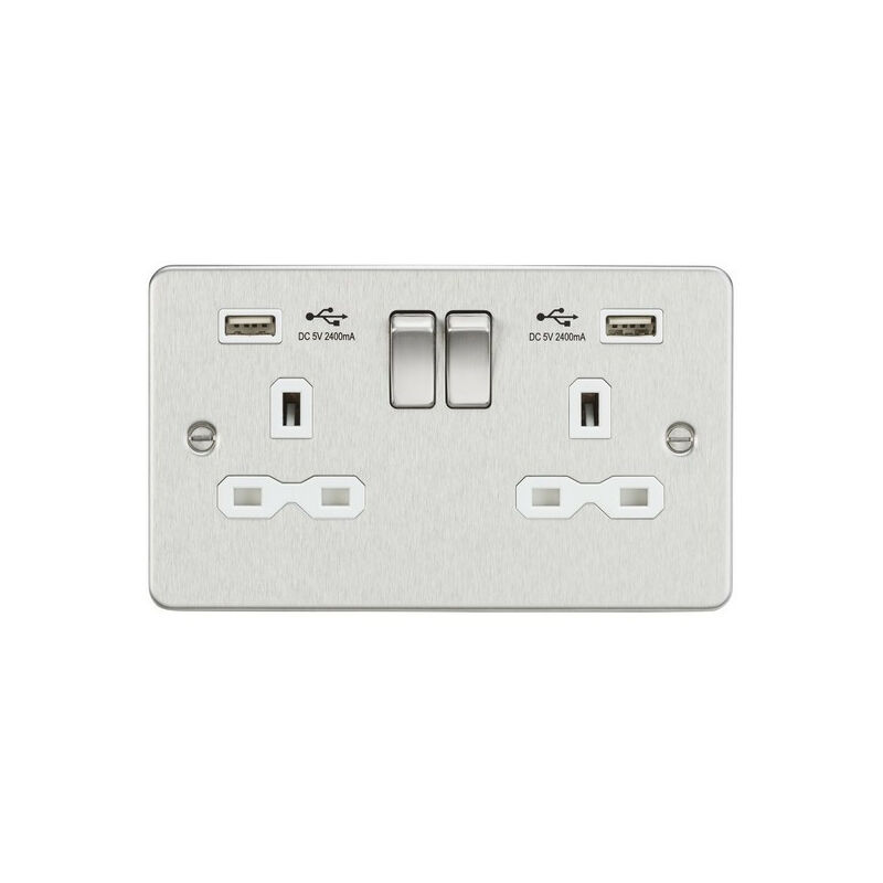 Knightsbridge Flat plate 13A 2G switched socket with dual USB charger (2.4A) - brushed chrome with white insert