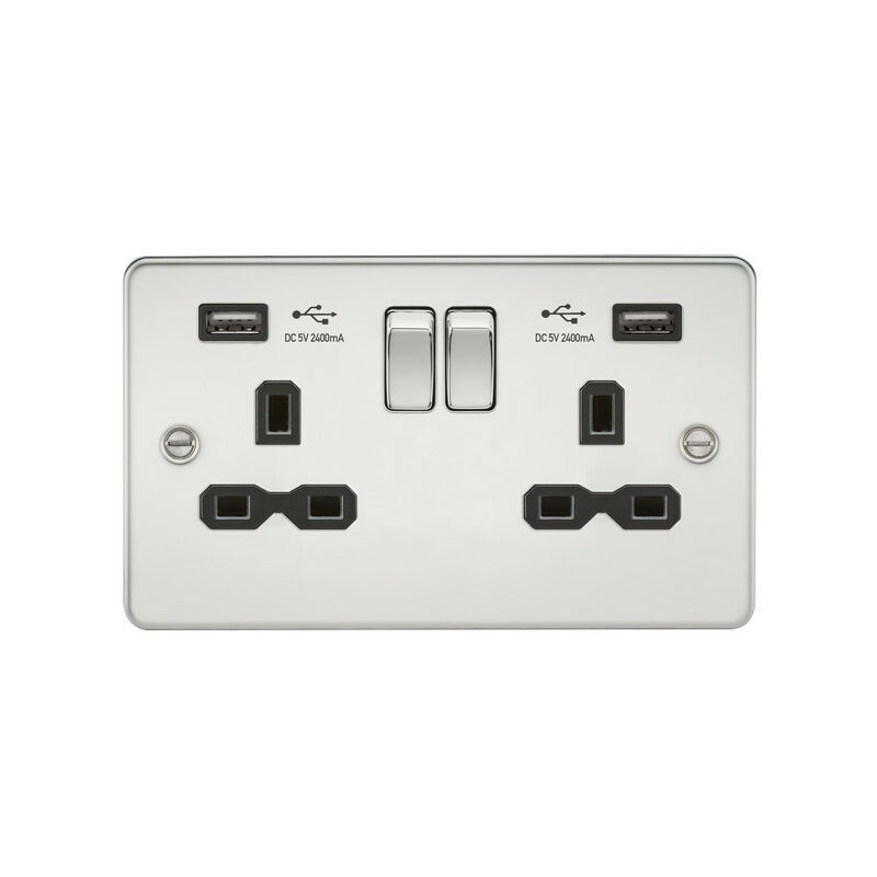 Knightsbridge Flat plate 13A 2G switched socket with dual USB charger (2.4A) - polished chrome with black insert