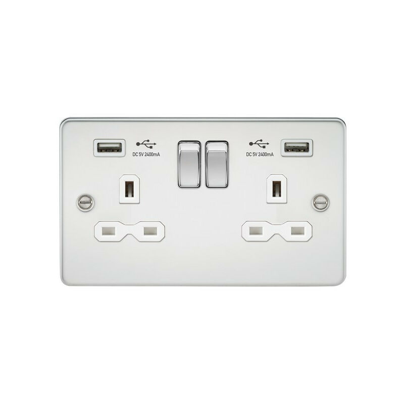 Knightsbridge Flat plate 13A 2G switched socket with dual USB charger (2.4A) - polished chrome with white insert