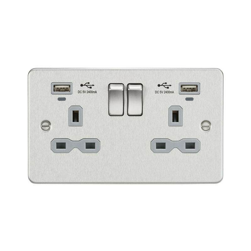 Knightsbridge Flat plate 13A 2G switched socket with USB chargers (2.4A) - Brushed Chrome with grey insert