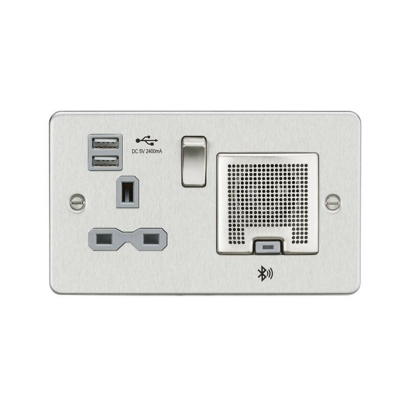 Knightsbridge Switches Sockets&lighting - Knightsbridge Flat Plate 13A socket, USB chargers (2.4A) and Bluetooth Speaker - Brushed chrome with grey
