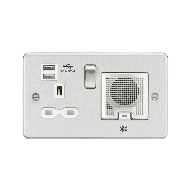 Knightsbridge Flat Plate 13A socket, USB chargers (2.4A) and Bluetooth Speaker - Brushed chrome with white insert