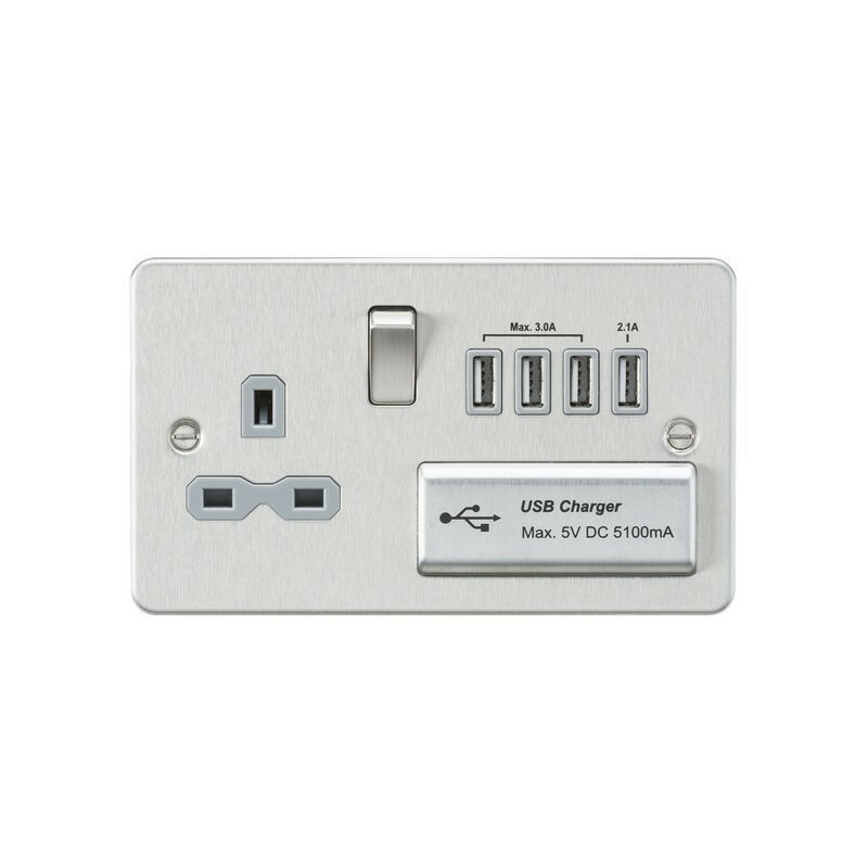 Knightsbridge Flat plate 13A switched socket with quad USB charger - brushed chrome with grey insert