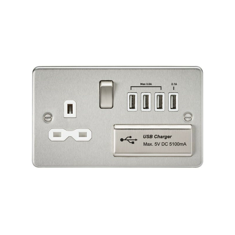 Knightsbridge Flat plate 13A switched socket with quad USB charger - brushed chrome with white insert