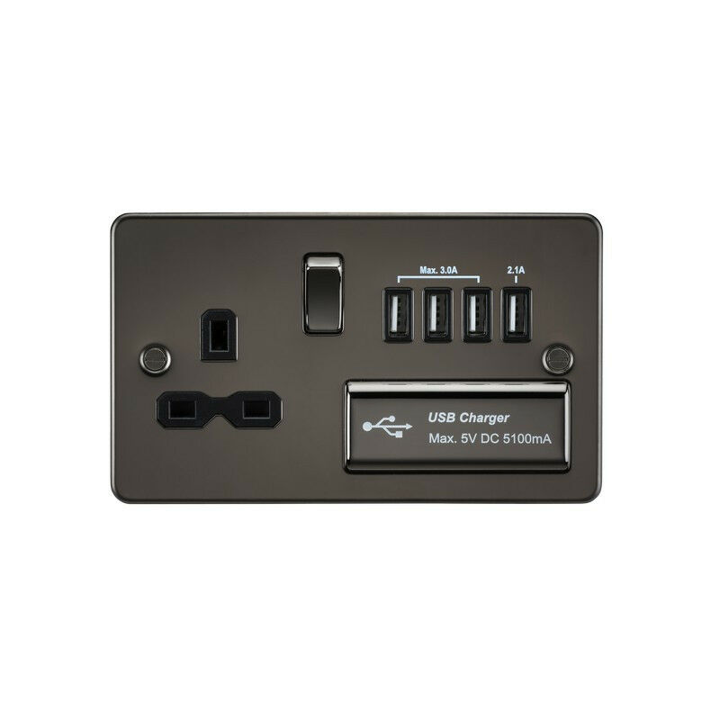 Knightsbridge Flat plate 13A switched socket with quad USB charger - gunmetal with black insert