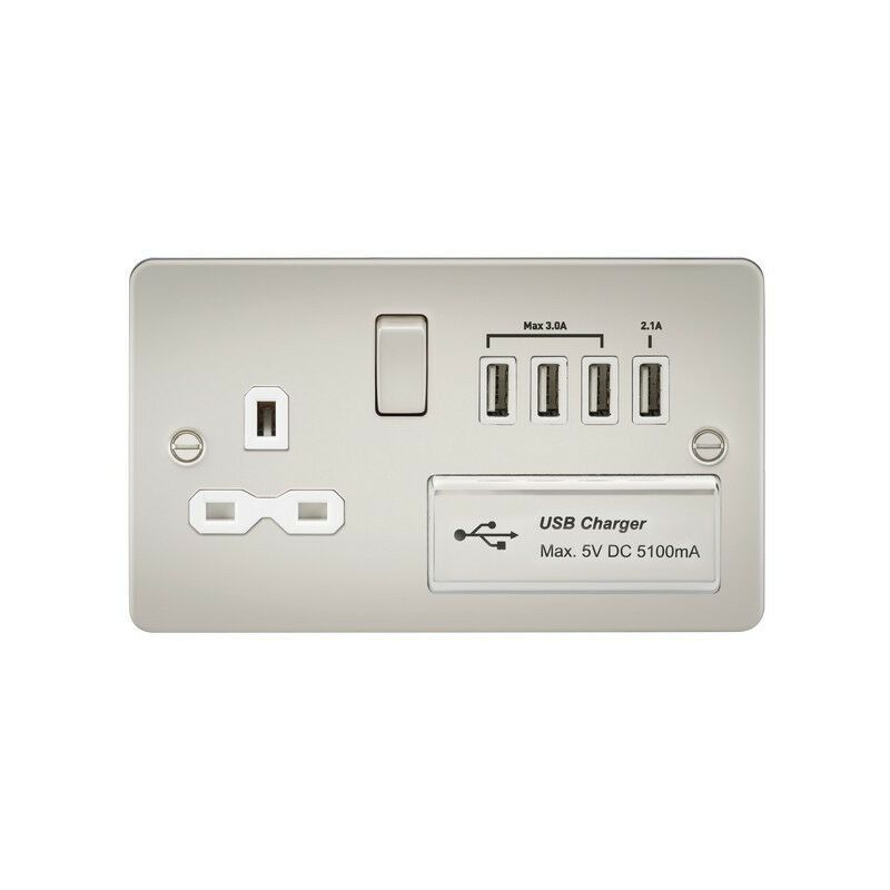 Knightsbridge Flat plate 13A switched socket with quad USB charger - pearl with white insert