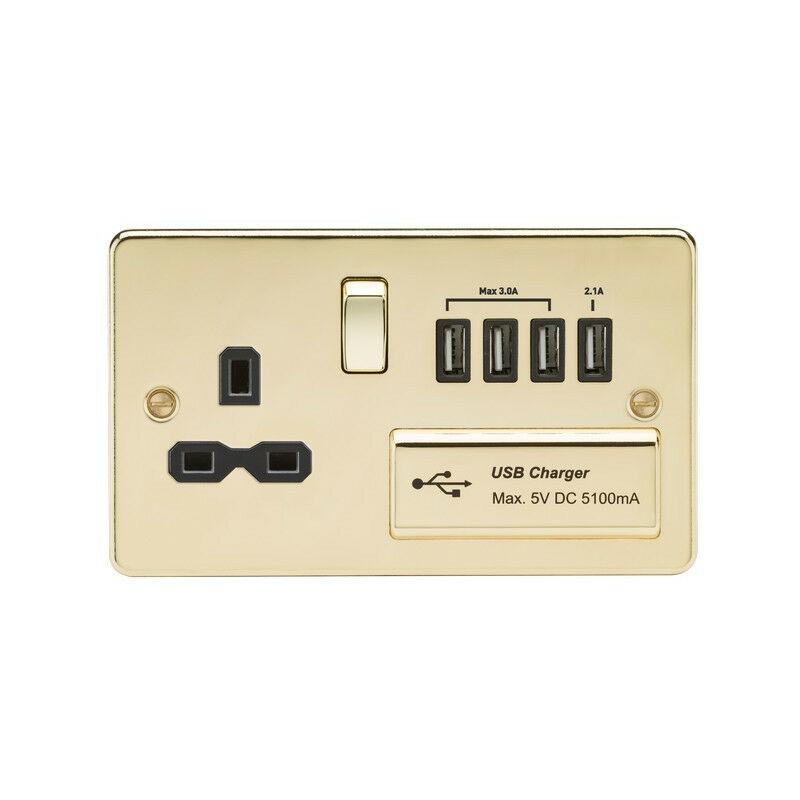 Knightsbridge Flat plate 13A switched socket with quad USB charger - polished brass with black insert
