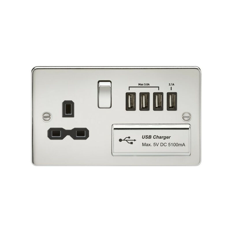 Knightsbridge Flat plate 13A switched socket with quad USB charger - polished chrome with black insert