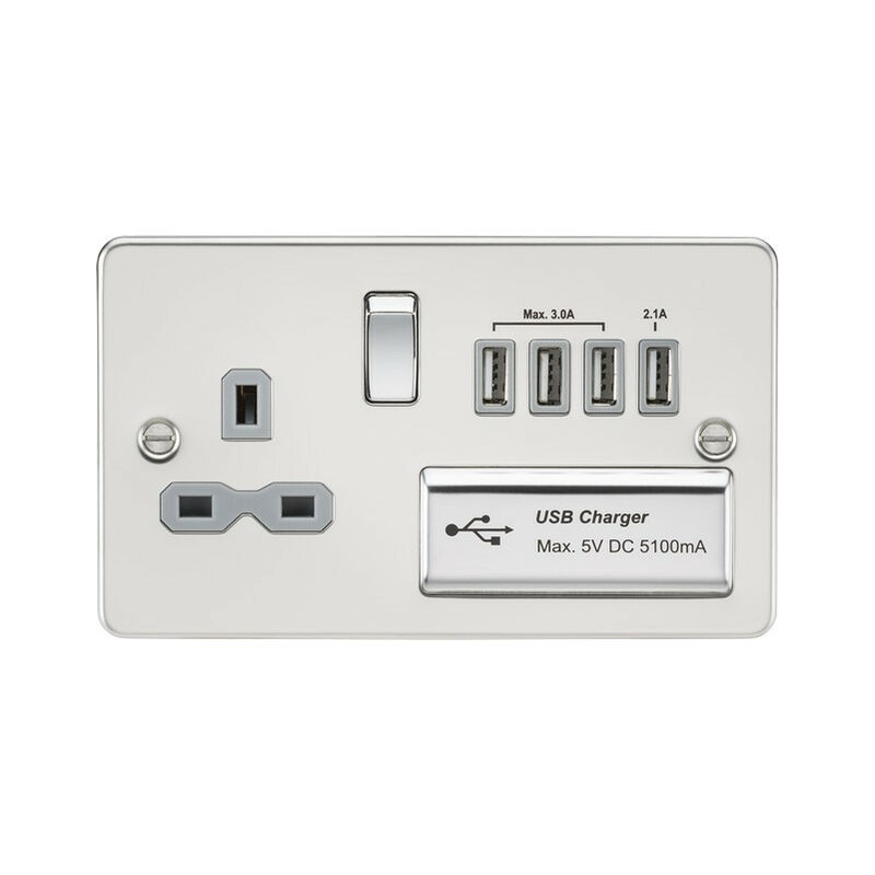 Knightsbridge Flat plate 13A switched socket with quad USB charger - polished chrome with grey insert