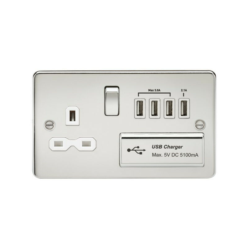 Knightsbridge Flat plate 13A switched socket with quad USB charger - polished chrome with white insert