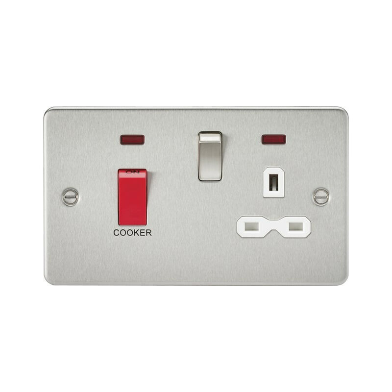 Knightsbridge Flat plate 45A DP switch and 13A switched socket with neon - brushed chrome with white insert