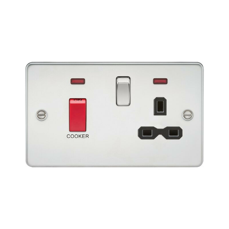 Knightsbridge Flat plate 45A DP switch and 13A switched socket with neon - polished chrome with black insert