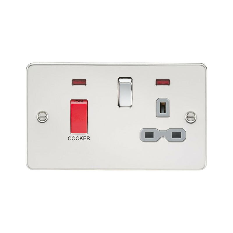 Knightsbridge Flat plate 45A DP switch and 13A switched socket with neon - polished chrome with grey insert