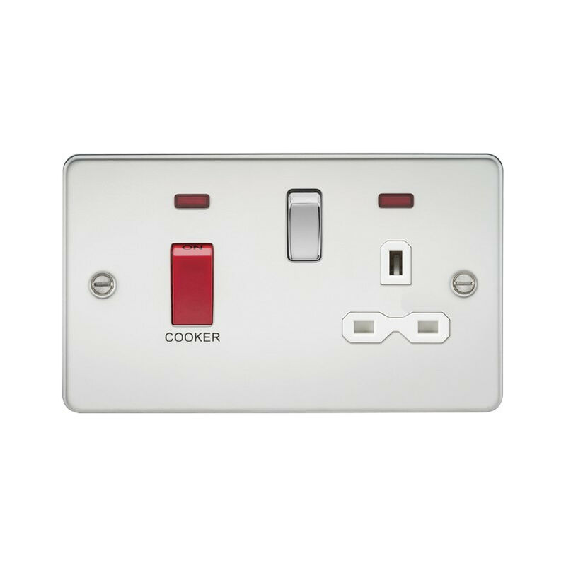 Knightsbridge Flat plate 45A DP switch and 13A switched socket with neon - polished chrome with white insert