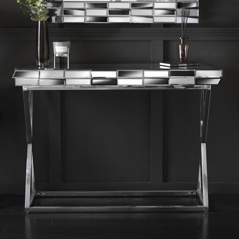 Knightsbridge - Grey Silver Mirrored Console Table 3D Glass Effect Chrome Crossed Legs For Bedroom Living Room - Grey