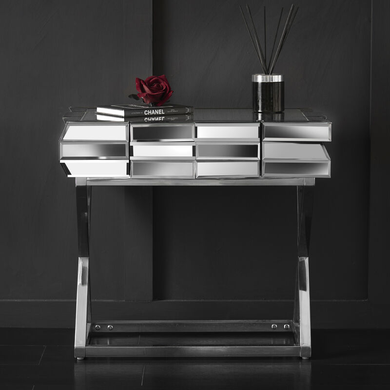 Knightsbridge - Grey Silver Mirrored Side Table With Drawer 3D Glass Effect & Chrome Crossed Legs