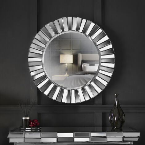 Knightsbridge Grey Wall Round Mirror 3D Effect Mirrored Design Perfect For Hallway Living Room Bedroom - Grey