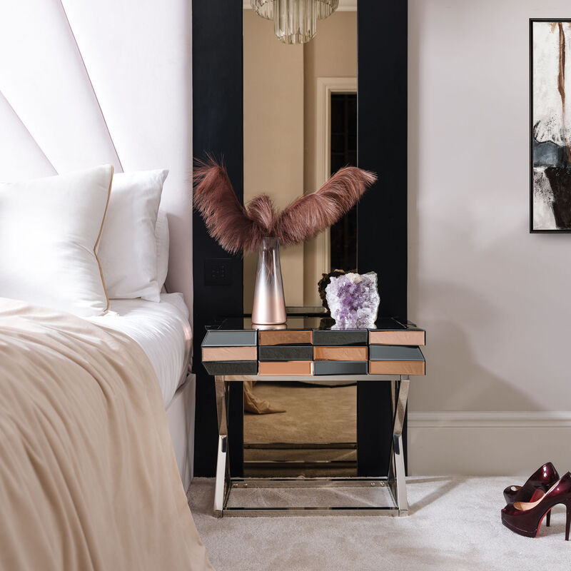 Knightsbridge - Rosegold Silver Mirrored Side Table With Drawer 3D Glass Effect & Chrome Crossed Legs