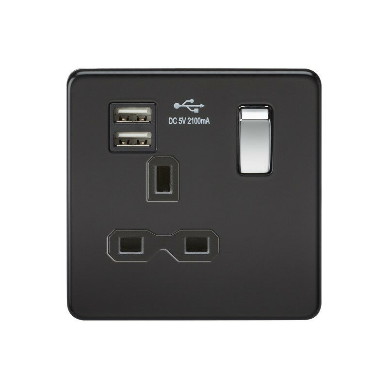 Knightsbridge Screwless 13A 1G switched socket with dual USB charger (2.1A) - matt black with chrome rocker