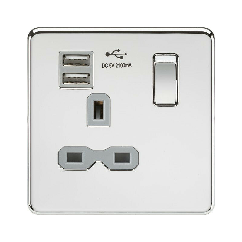 Knightsbridge Screwless 13A 1G switched socket with dual USB charger (2.1A) - polished chrome with grey insert