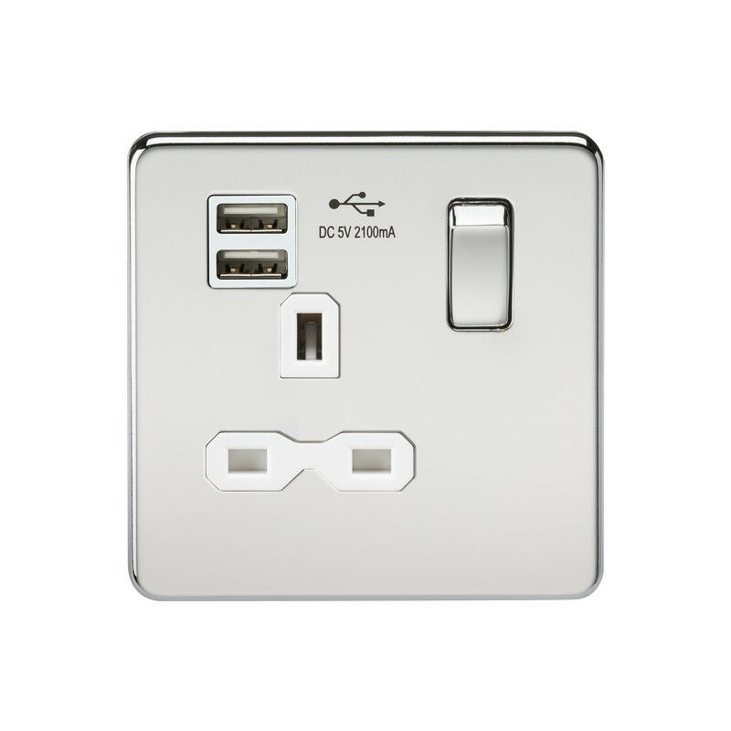 Knightsbridge Screwless 13A 1G switched socket with dual USB charger (2.1A) - polished chrome with white insert