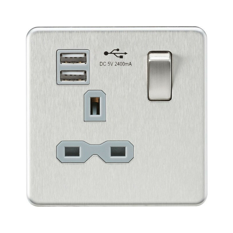 Knightsbridge - Screwless 13A 1G switched socket with dual usb charger (2.4A) - brushed chrome with grey insert