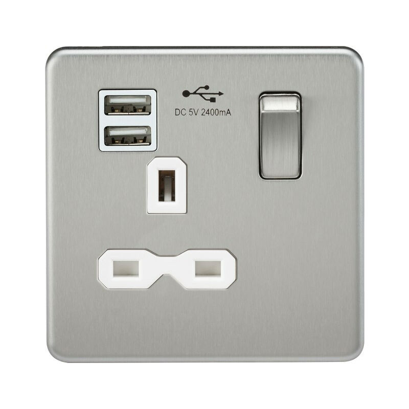 Knightsbridge - Screwless 13A 1G switched socket with dual usb charger (2.4A) - brushed chrome with white insert