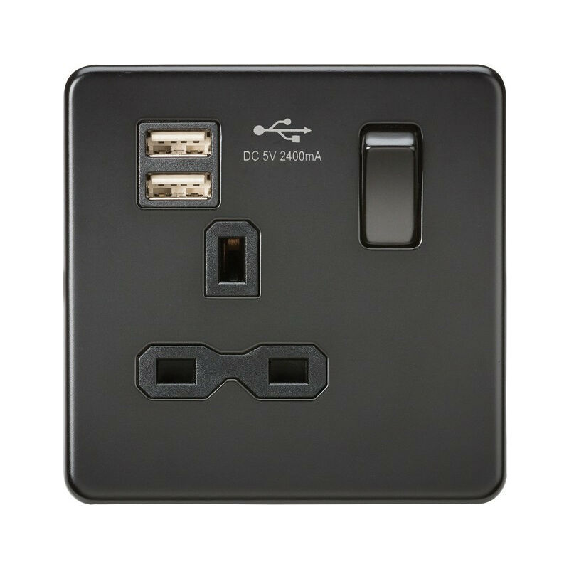 Knightsbridge Screwless 13A 1G switched socket with dual USB charger (2.4A) - matt black