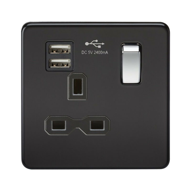 Knightsbridge - Screwless 13A 1G switched socket with dual usb charger (2.4A) - matt black with chrome rocker