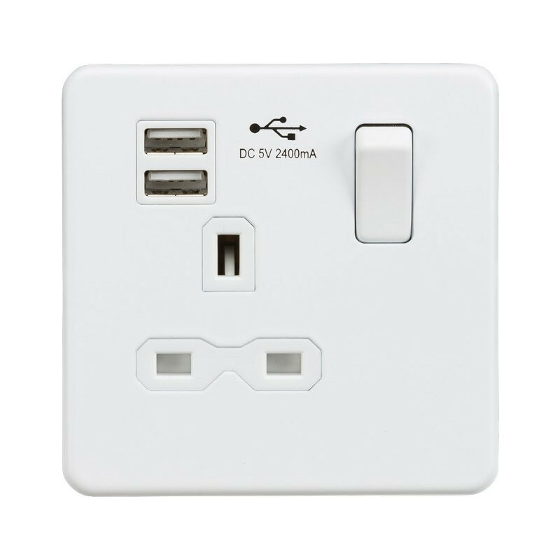 Screwless 13A 1G switched socket with dual USB charger (2.4A) - matt white - Knightsbridge