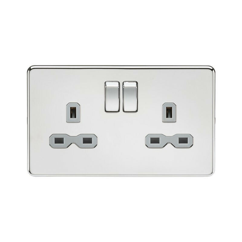 Knightsbridge Screwless 13A 2G DP switched socket - polished chrome with grey insert