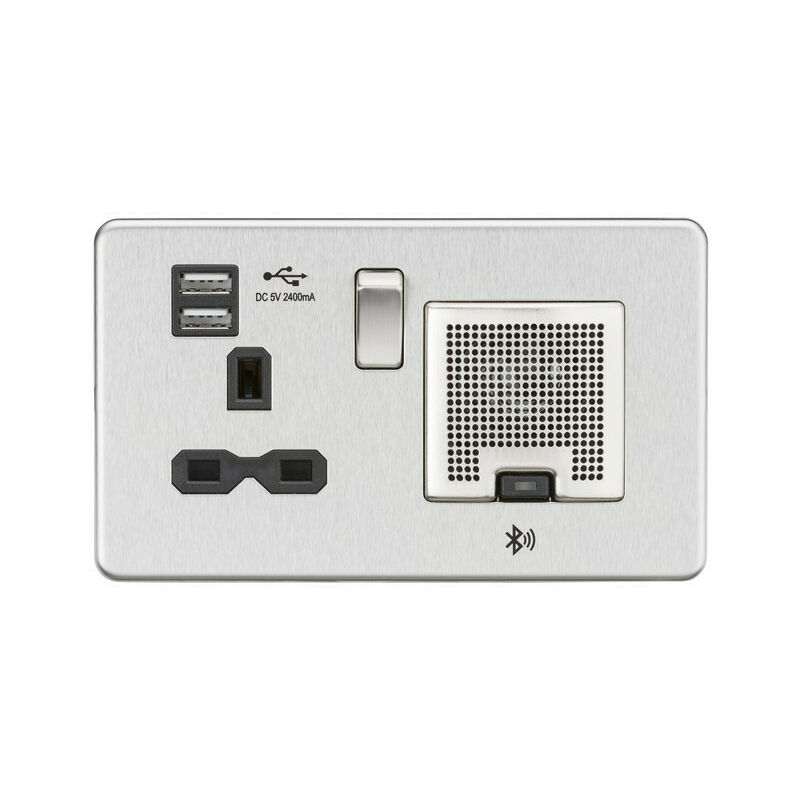 Knightsbridge Screwless 13A socket, USB chargers (2.4A) and Bluetooth Speaker - Brushed chrome with black insert