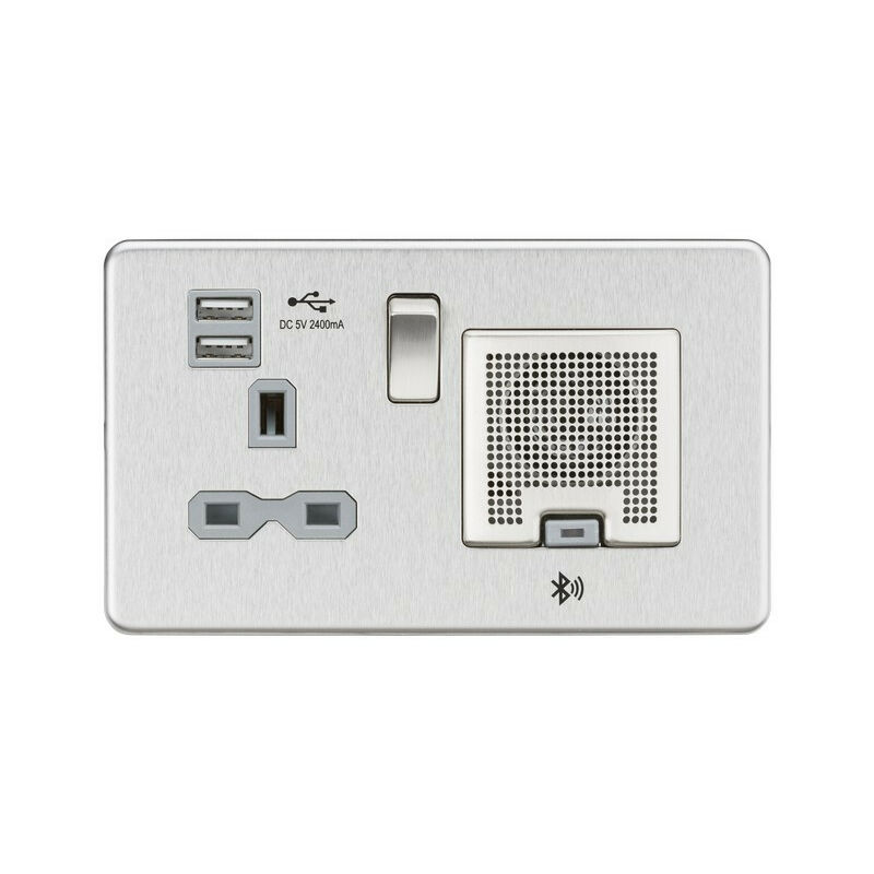 Knightsbridge Screwless 13A socket, USB chargers (2.4A) and Bluetooth Speaker - Brushed chrome with grey insert