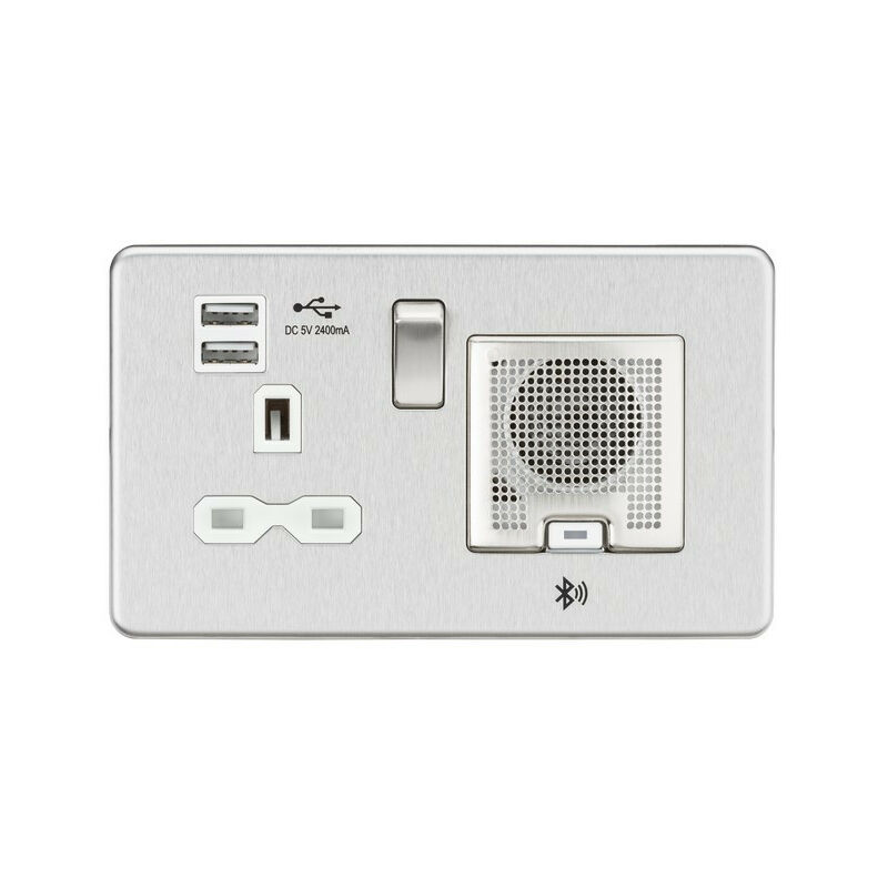Knightsbridge Screwless 13A socket, USB chargers (2.4A) and Bluetooth Speaker - Brushed chrome with white insert