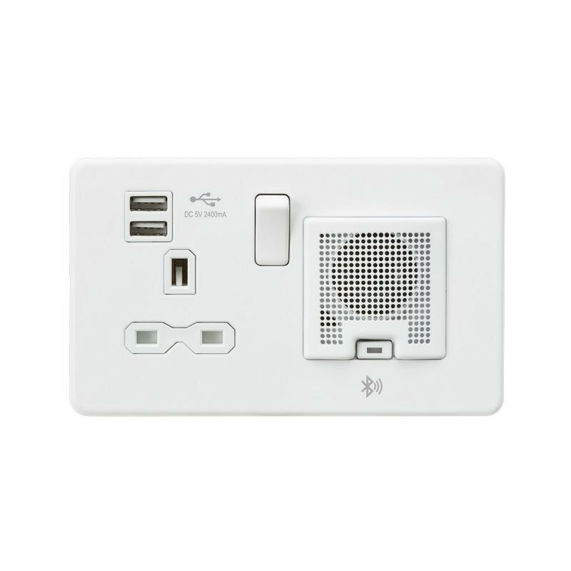 Knightsbridge Screwless 13A socket, USB chargers (2.4A) and Bluetooth Speaker - Matt white