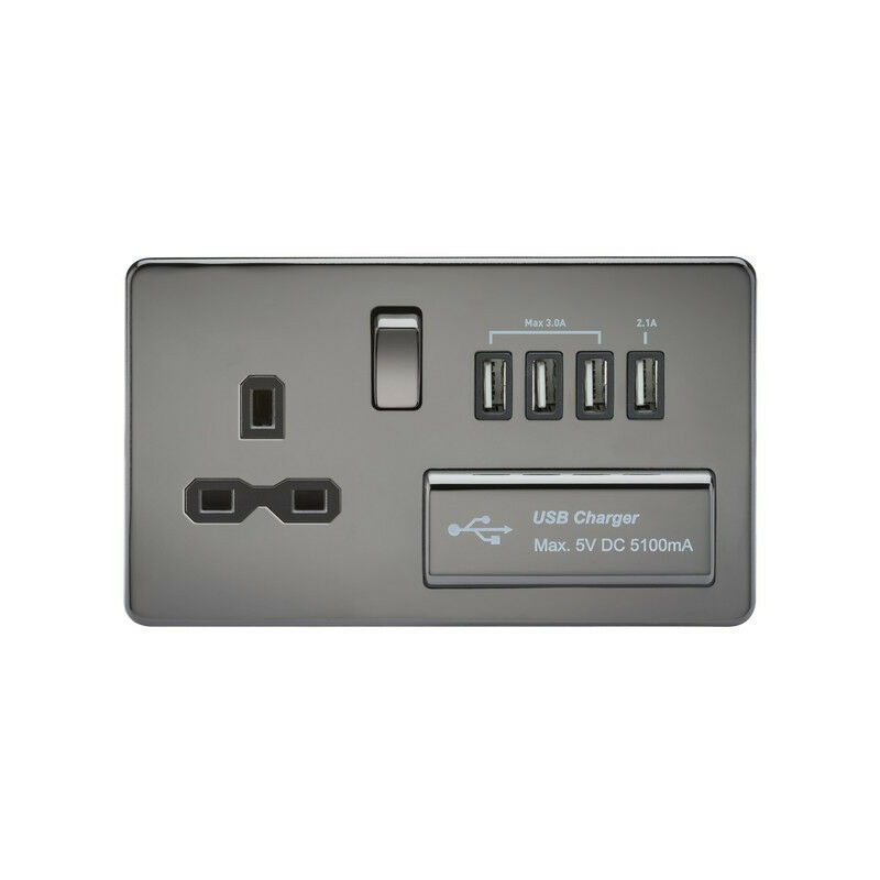 Screwless 13A switched socket with quad usb charger (5.1A) - black nickel with black insert - Knightsbridge