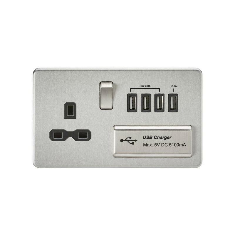 Knightsbridge Screwless 13A switched socket with quad USB charger (5.1A) - brushed chrome with black insert
