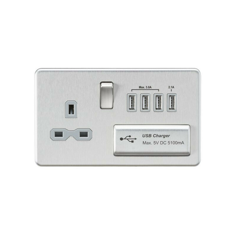 Knightsbridge Screwless 13A switched socket with quad USB charger (5.1A) - brushed chrome with grey insert