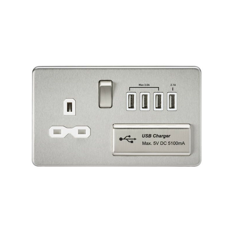 Knightsbridge Screwless 13A switched socket with quad USB charger (5.1A) - brushed chrome with white insert
