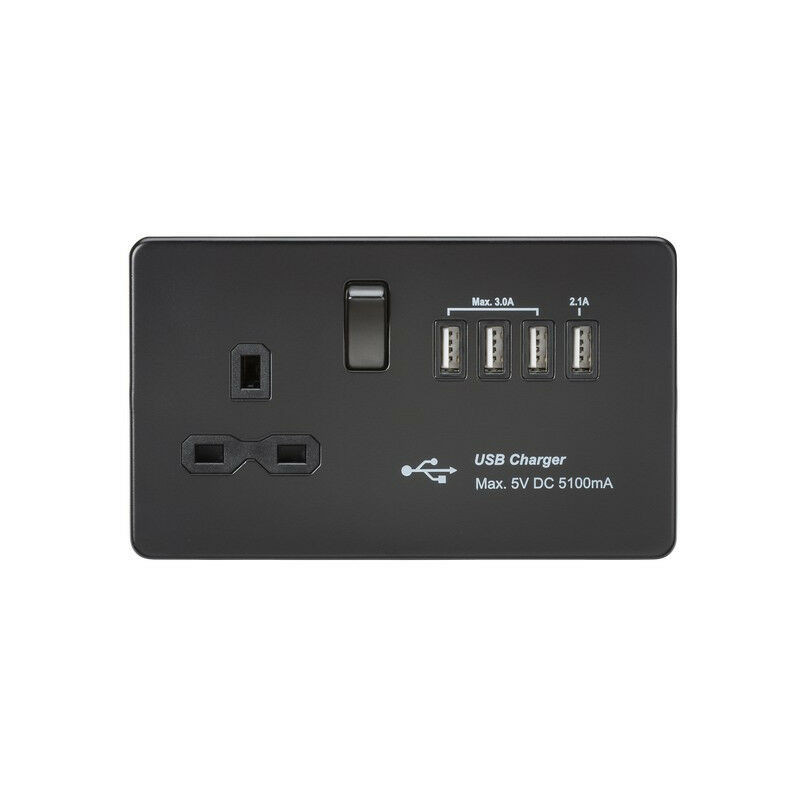 Knightsbridge Screwless 13A switched socket with quad USB charger (5.1A) - Matt Black