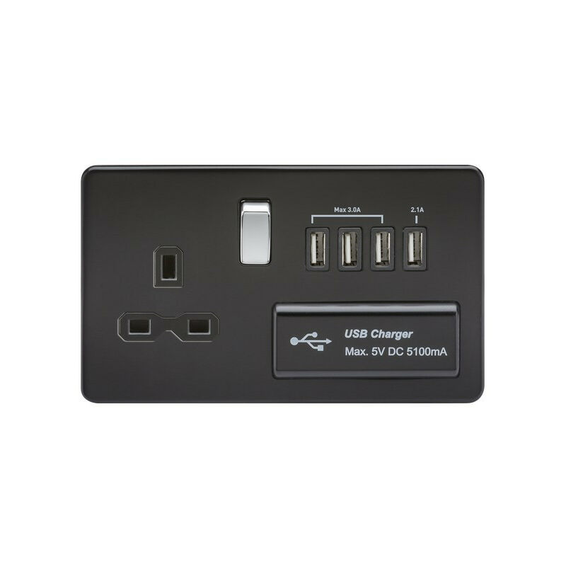 Knightsbridge Screwless 13A switched socket with quad USB charger (5.1A) - matt black with chrome rocker