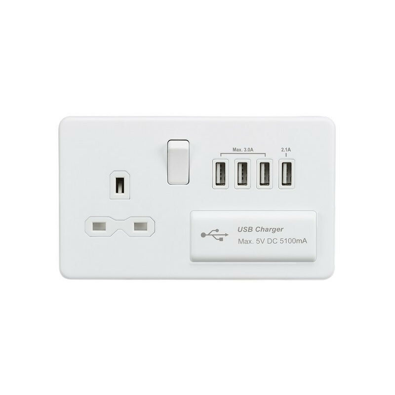 Knightsbridge Screwless 13A switched socket with quad USB charger (5.1A) - matt white