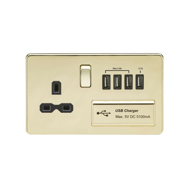 Knightsbridge Screwless 13A switched socket with quad USB charger (5.1A) - polished brass with black insert