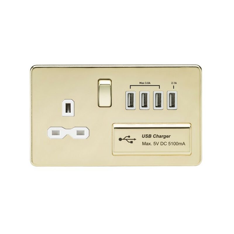 Knightsbridge Screwless 13A switched socket with quad USB charger (5.1A) - polished brass with white insert